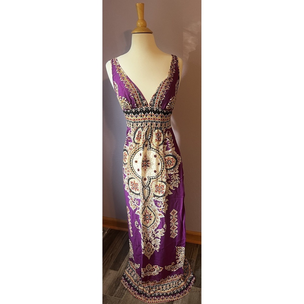 Angie Purple Geometric Long Maxi V-neck Summer Dress Boho Size Small New‎